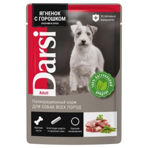 Թաց կեր բոլոր ցեղատեսակների շների համար՝ գառան մսով և կանաչ ոլոռով, սոուսի մեջ, 85 գ DARSI