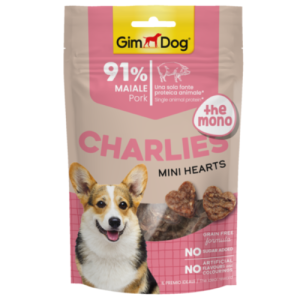 Հյուրասիրություն շների համար խոզի մսով (70 գ) GIMDOG CHARLIES THE MONO MINI HEARTS