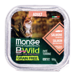 Влажный корм для взрослых кошек с лососем и овощами 85г Monge Bwild