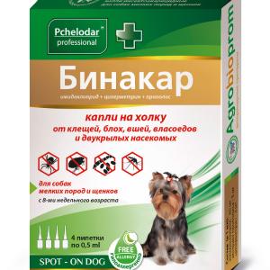 Կաթիլներ տիզերի, բզեզների ու մոծակների դեմ շան փոքր ցեղատեսակների համար БИНАКАР