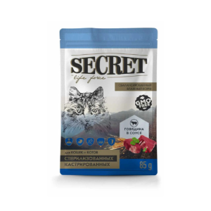 Թաց կեր ստերիլիզացված կատուների համար, տավարի մսով սոուսի մեջ SECRET (85 գ)